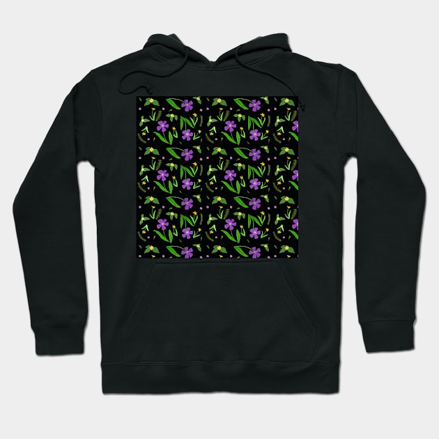 Gouache Purple and Yellow Flower Pattern with a black background Hoodie by Sandraartist